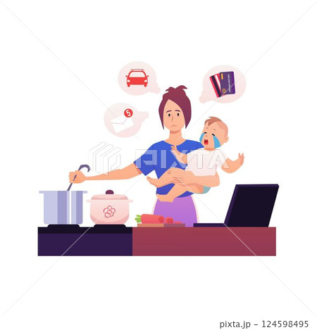 Woman cooking on the kitchen with crying baby, vector mother preparing food with laptop and thinks about work e-mails Woman cooking on the kitchen with crying baby, vector mother preparing food with laptop and thinks about work e-mails 124598495