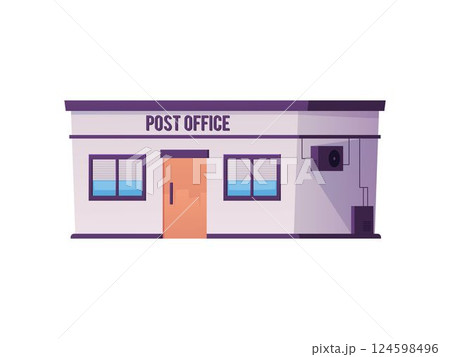 Post office building facade, front of the post office exterior, delivery and logistics services vector flat illustration Post office building facade, front of the post office exterior, delivery and logistics services vector flat illustration 124598496