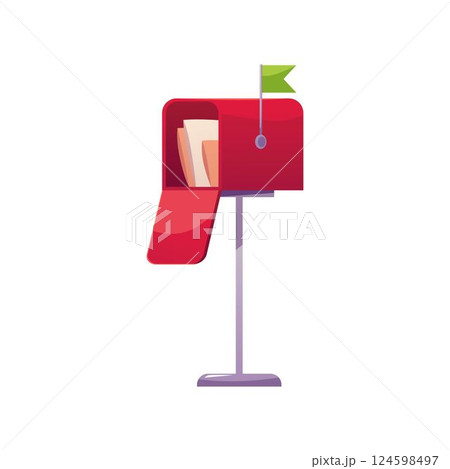 Red mailbox with open door and letters, envelope and parcel package inside, raised green flag vector flat illustration Red mailbox with open door and letters, envelope and parcel package inside, raised green flag vector flat illustration 124598497
