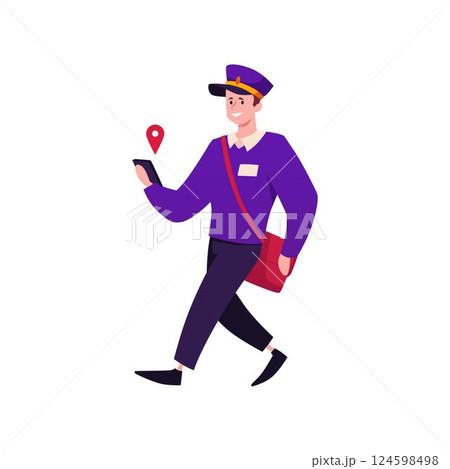 Cheerful postman in uniform with parcels and letter delivers mail using smartphone navigation, vector courier service Cheerful postman in uniform with parcels and letter delivers mail using smartphone navigation, vector courier service 124598498