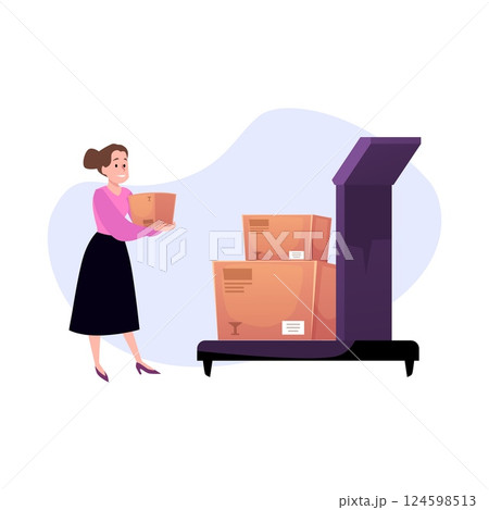 Woman checking weight of cardboard boxes, vector flat measuring boxes, scale weight cargo industrial shipping concept 124598513