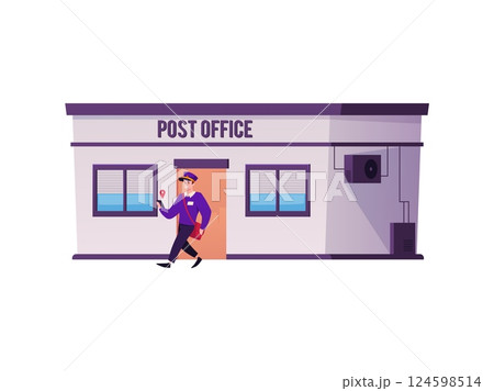 Vector illustration of post office building with postman coming out. 124598514