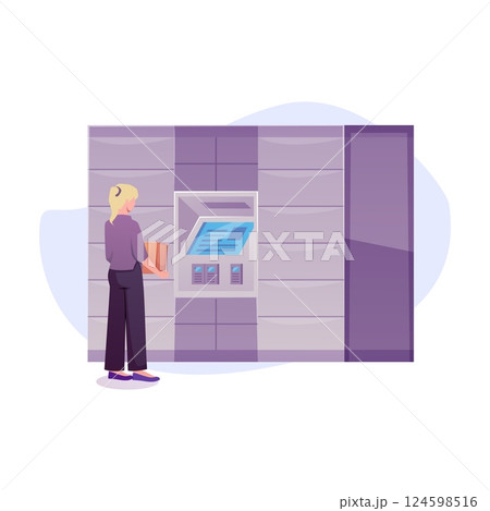 Self service locker, woman sends the parcel via self-delivery post station, vector automat machine, shipment terminal 124598516