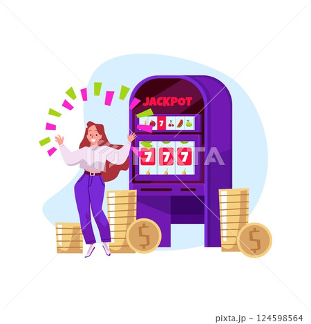 Woman wins jackpot on casino slot machine, gambling game, red slot machine with victory 777 symbols vector illustration 124598564