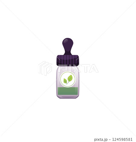 Aroma bottle. Vector of dropper bottle with green liquid inside and round label with leaf. Aroma bottle. Vector of dropper bottle with green liquid inside and round label with leaf. 124598581