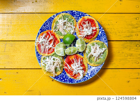 Celebrate Mexican heritage with vibrant chalupas featuring tortilla fried Aztec soup on Independence Day 124598804