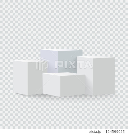Four blank square podiums with shadow stand to show products on transparent background, Vector illustration. Four blank square podiums with shadow stand to show products on transparent background, Vector illustration. 124599025