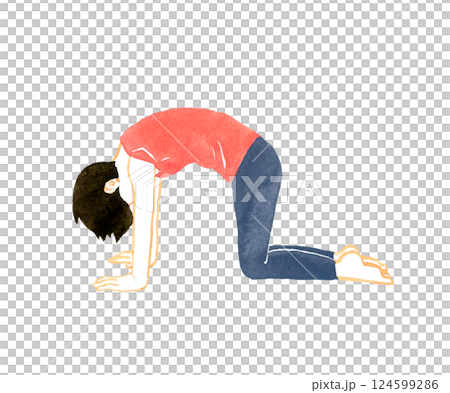 Woman doing cat and cow pose (cat pose) Yoga/stretching hand-drawn watercolor illustration Woman doing cat and cow pose (cat pose) Yoga/stretching hand-drawn watercolor illustration 124599286