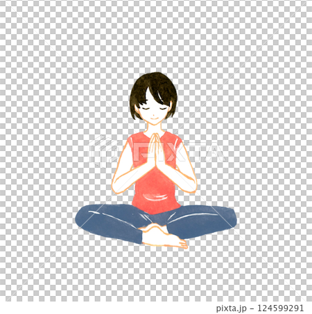 女人盤腿而坐，雙手合十祈禱 — — 手繪水彩畫瑜珈與伸展運動 124599291