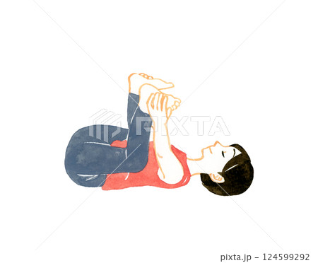 ハッピーベイビーのポーズをする女性　ヨガ・ストレッチの手描き水彩イラスト素材 124599292