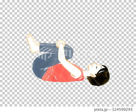 Woman doing gas release pose Yoga stretching hand-drawn watercolor illustration 124599293