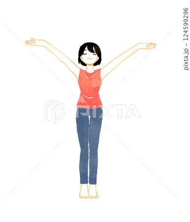 両手を広げて深呼吸をする女性　ヨガ・ストレッチの手描き水彩イラスト素材 124599296