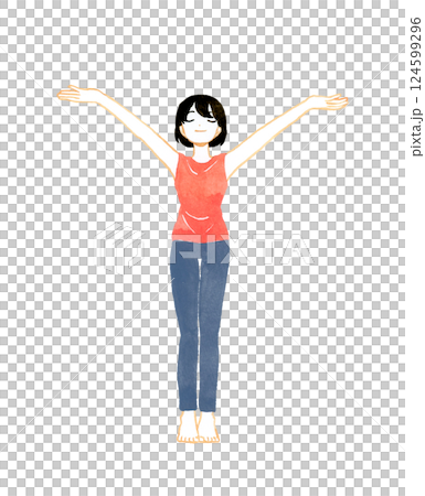 両手を広げて深呼吸をする女性　ヨガ・ストレッチの手描き水彩イラスト素材 124599296