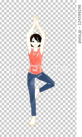 女人做站立樹式 (Vrksasana) 瑜珈伸展手繪水彩插畫 124599298