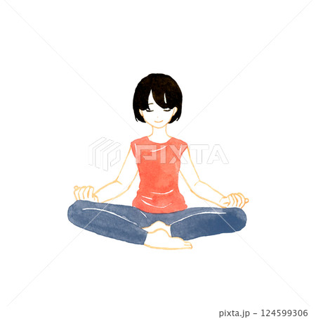 目を閉じて瞑想する女性 ヨガ・ストレッチの手描き水彩イラスト素材 目を閉じて瞑想する女性 ヨガ・ストレッチの手描き水彩イラスト素材 124599306