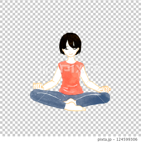 目を閉じて瞑想する女性 ヨガ・ストレッチの手描き水彩イラスト素材 目を閉じて瞑想する女性 ヨガ・ストレッチの手描き水彩イラスト素材 124599306