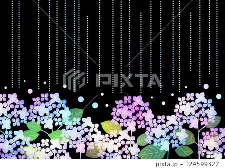 しとしと雨に虹色あじさいの梅雨背景、横、イラスト、かわいい、黒 しとしと雨に虹色あじさいの梅雨背景、横、イラスト、かわいい、黒 124599327