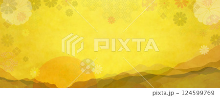 日本伝統の金の和紙　山から上る太陽と和柄模様の背景素材 124599769