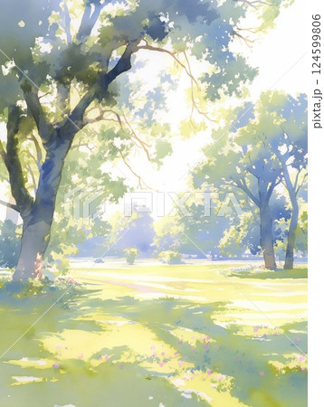 優しい日差しが差し込む緑の木立と芝生の公園イラスト 優しい日差しが差し込む緑の木立と芝生の公園イラスト 124599806