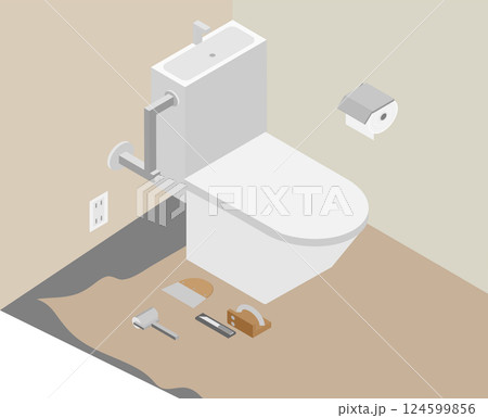 アイソメトリックなクッションフロアのシートを貼っているトイレのイメージ素材 124599856