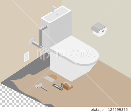 アイソメトリックなクッションフロアのシートを貼っているトイレのイメージ素材 124599856