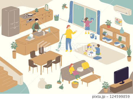 部屋の掃除をする人達 124599859