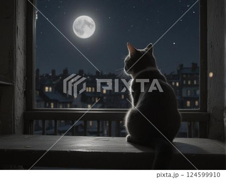 窓辺で月を見つめる白黒猫（ちょっと哀愁漂う感じ） 124599910