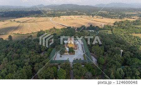 Aerial view of Wat Phra That ha Duang located in Li district, Lamphun province of Thailand. The location is believed to be an ancient city because ancient walls and canals are found there. 124600048