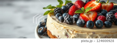 Delicious cheesecake topped with fresh berries served on a white plate in a bright kitchen environment 124600928