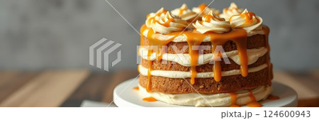 Layered cake with rich caramel drizzle on a rustic wooden table 124600943