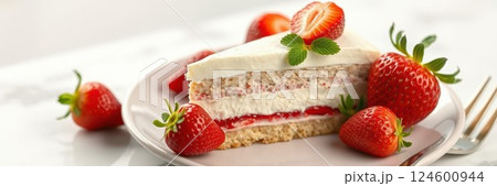 Delicious strawberry cake served on a plate with fresh strawberries and mint leaves in a bright setting 124600944