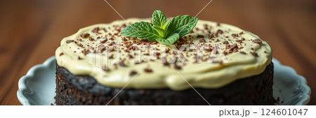Delicious chocolate cake with creamy frosting and mint garnish on a wooden table 124601047