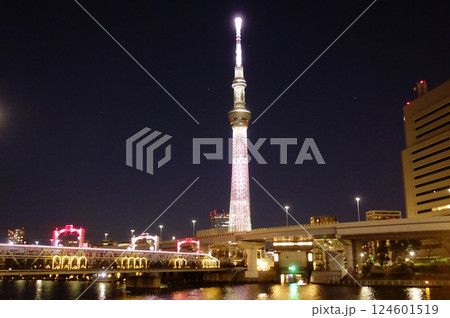 浅草,隅田川から見たスカイツリー夜景風景 浅草,隅田川から見たスカイツリー夜景風景 124601519