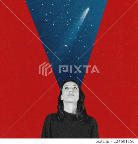 Woman looking up to outer space and comet 124601550