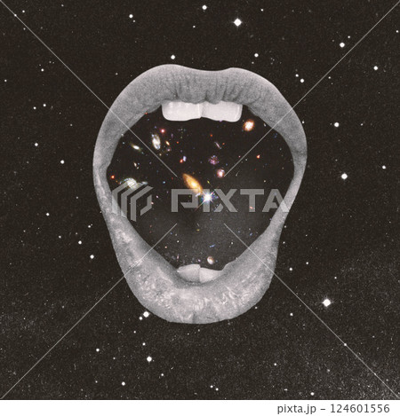 Open woman mouth with outer space inside Open woman mouth with outer space inside 124601556