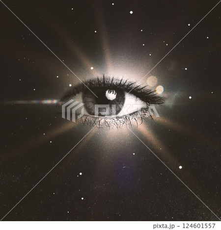 Human eye in outer space background and sun flare 124601557