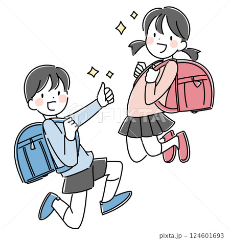 ランドセルを元気よく背負う小学生の男女のイラスト 124601693