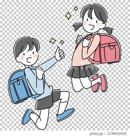 ランドセルを元気よく背負う小学生の男女のイラスト 124601693