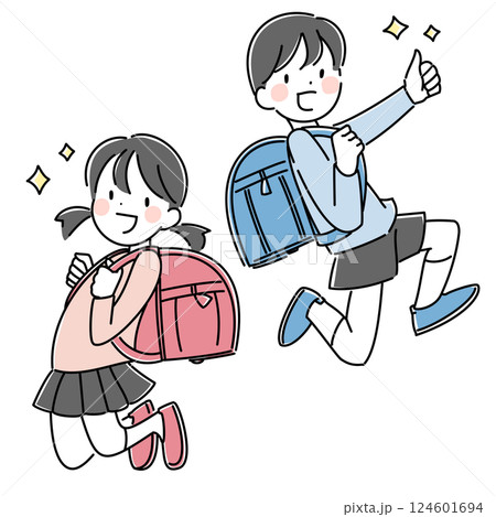 ランドセルを元気よく背負う小学生の男女のイラスト 124601694