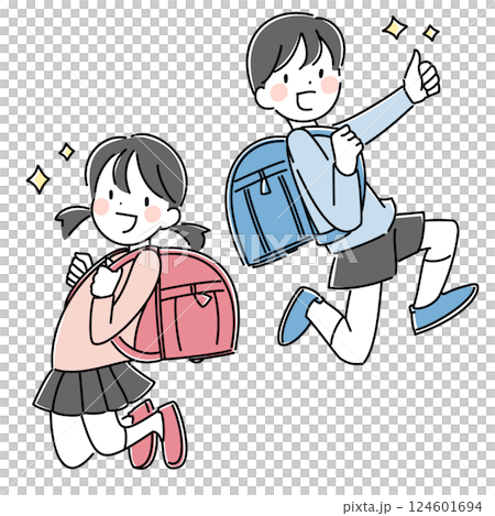 ランドセルを元気よく背負う小学生の男女のイラスト 124601694