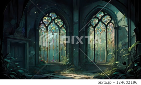 ゲーム背景 滅びた宮殿の石畳のある室内植物庭園背景	 ゲーム背景 滅びた宮殿の石畳のある室内植物庭園背景	 124602196