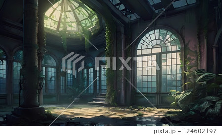 ゲーム背景　滅びた宮殿の石畳のある室内植物庭園背景	 124602197
