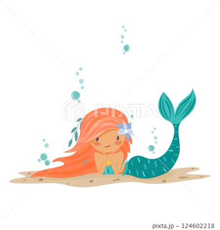 Vector illustration of red-haired mermaid lying on sand, isolated on white background Vector illustration of red-haired mermaid lying on sand, isolated on white background 124602218