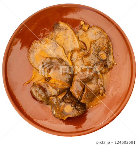 Plate contains pieces of veal beef tenderloin cooked in creamy sauce with saffron milk cap mushrooms Plate contains pieces of veal beef tenderloin cooked in creamy sauce with saffron milk cap mushrooms 124602681