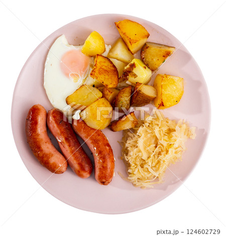 Sausages with potatoes and eggs 124602729