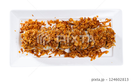 Set of rolls with fish and vegetables with Chinese chopsticks 124602813
