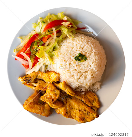 Stewed chicken with rice and salad 124602815