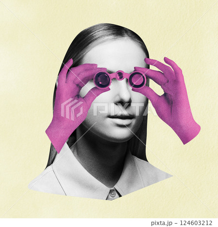 Surreal Collage of Woman with Binocular Hands Surreal Collage of Woman with Binocular Hands 124603212