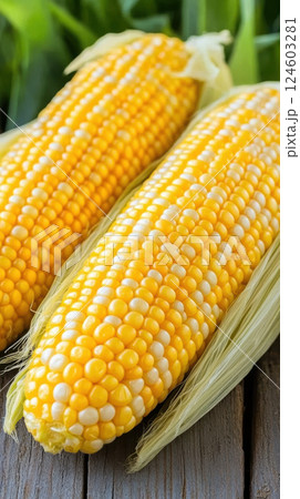 Fresh corn on cob with husks peeled back 124603281