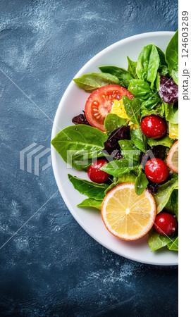 Fresh green salad with cherry tomatoes and lemon slices on white plate 124603289